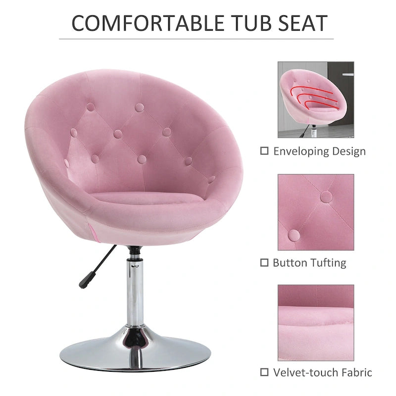 Fauteuil pivotant d'appoint de 66 cm en polyester effet velours – Siège rembourré, capacité de 120 kg, rose