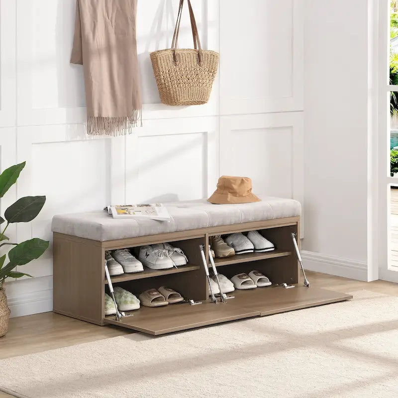 Banc de rangement pour chaussures d'entrée 49 po avec portes doubles et coussin rembourré, Pouf peu encombrant