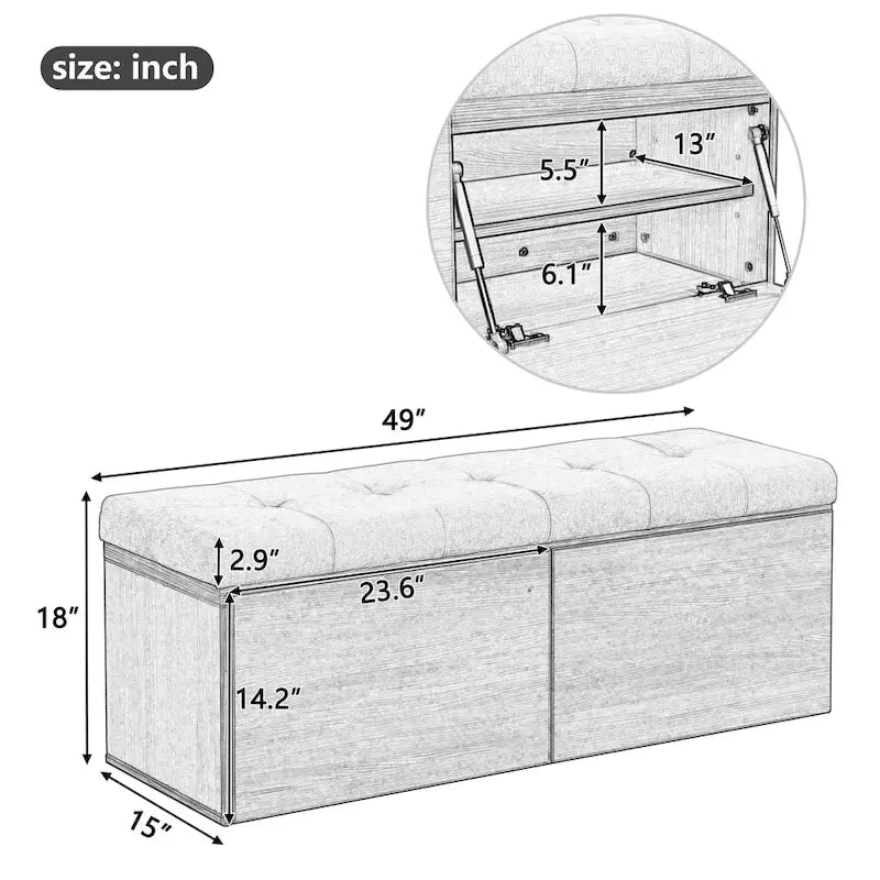 Banc de rangement pour chaussures d'entrée 49 po avec portes doubles et coussin rembourré, Pouf peu encombrant