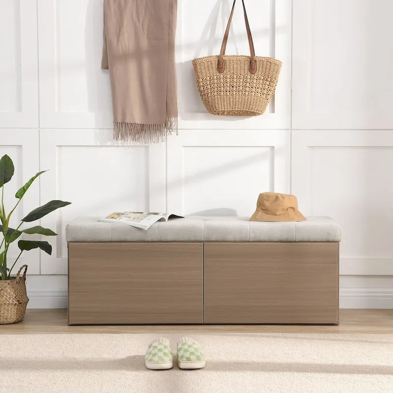 Banc de rangement pour chaussures d'entrée 49 po avec portes doubles et coussin rembourré, Pouf peu encombrant