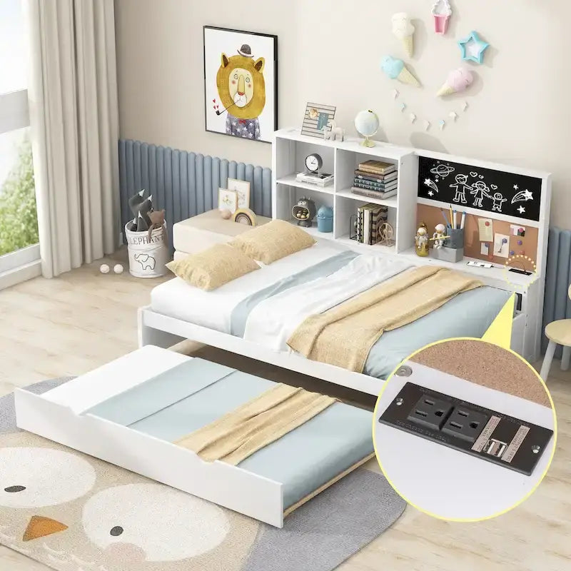 Lit de repos double en pin avec tableau, port USB et lit gigogne