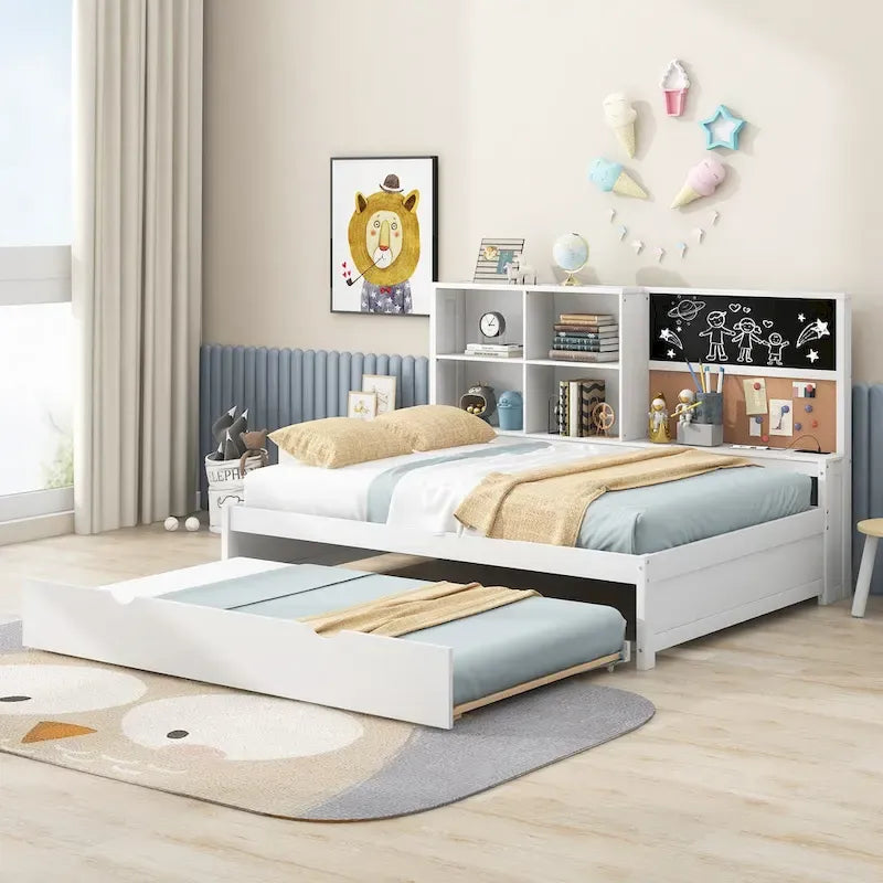 Lit de repos double en pin avec tableau, port USB et lit gigogne