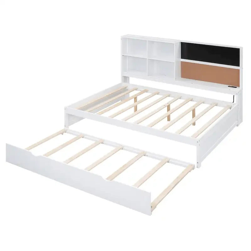 Lit de repos double en pin avec tableau, port USB et lit gigogne