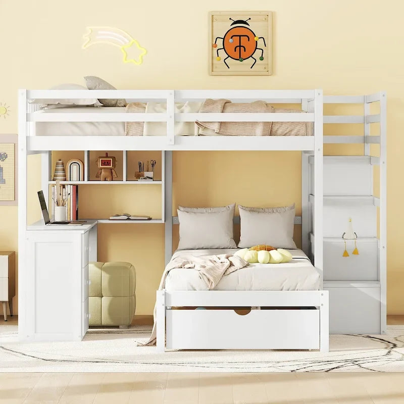 Lit superposé double sur simple avec bureau, tiroirs et étagères