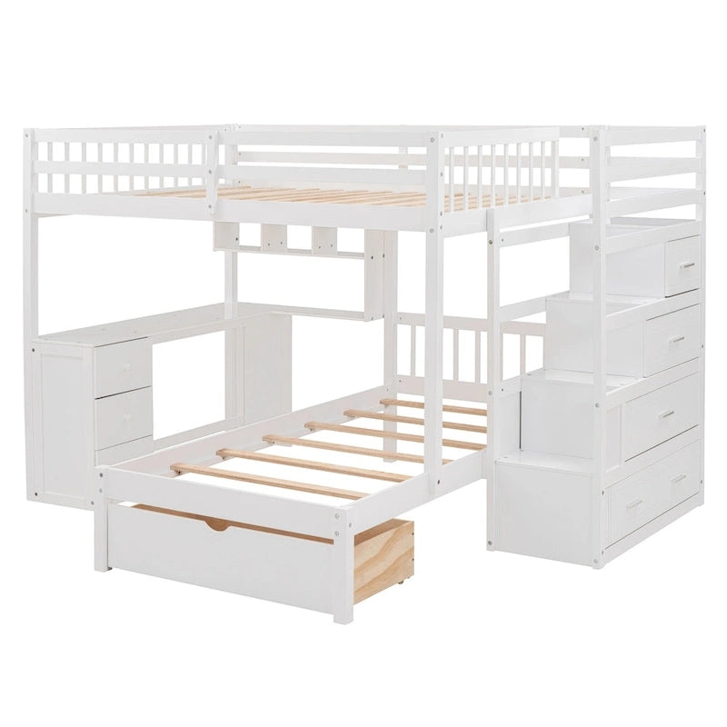 Lit superposé double sur simple avec bureau, tiroirs et étagères