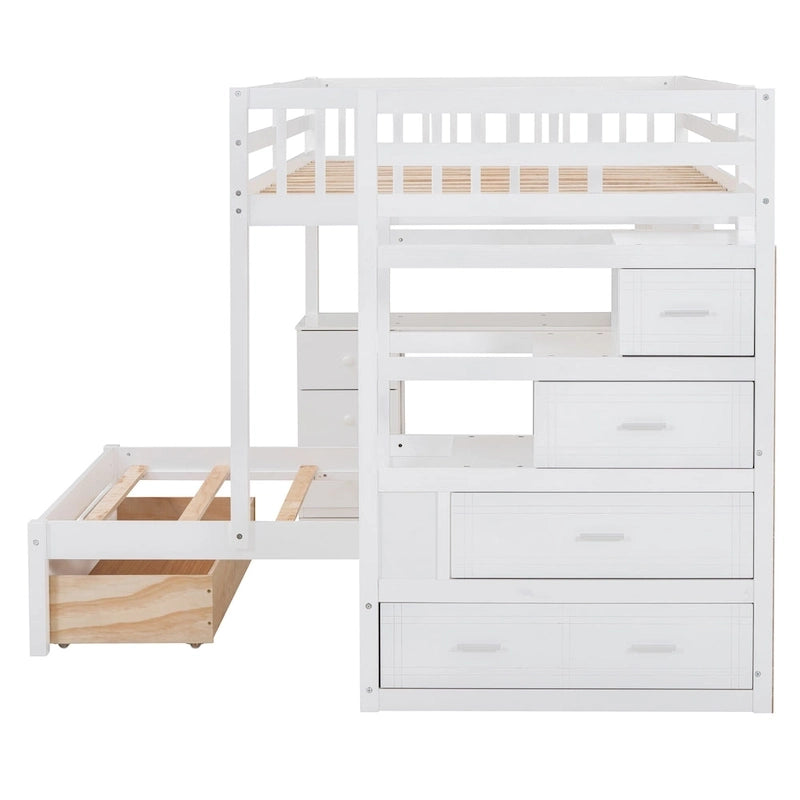Lit superposé double sur simple avec bureau, tiroirs et étagères
