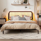 Lit plateforme de rangement en bois Queen size avec lumière LED, tête de lit en rotin