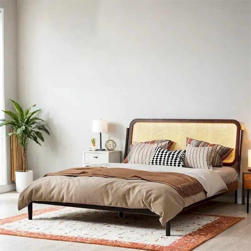 Lit plateforme de rangement en bois Queen size avec lumière LED, tête de lit en rotin