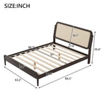 Lit plateforme de rangement en bois Queen size avec lumière LED, tête de lit en rotin