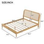 Lit plateforme de rangement en bois Queen size avec lumière LED, tête de lit en rotin