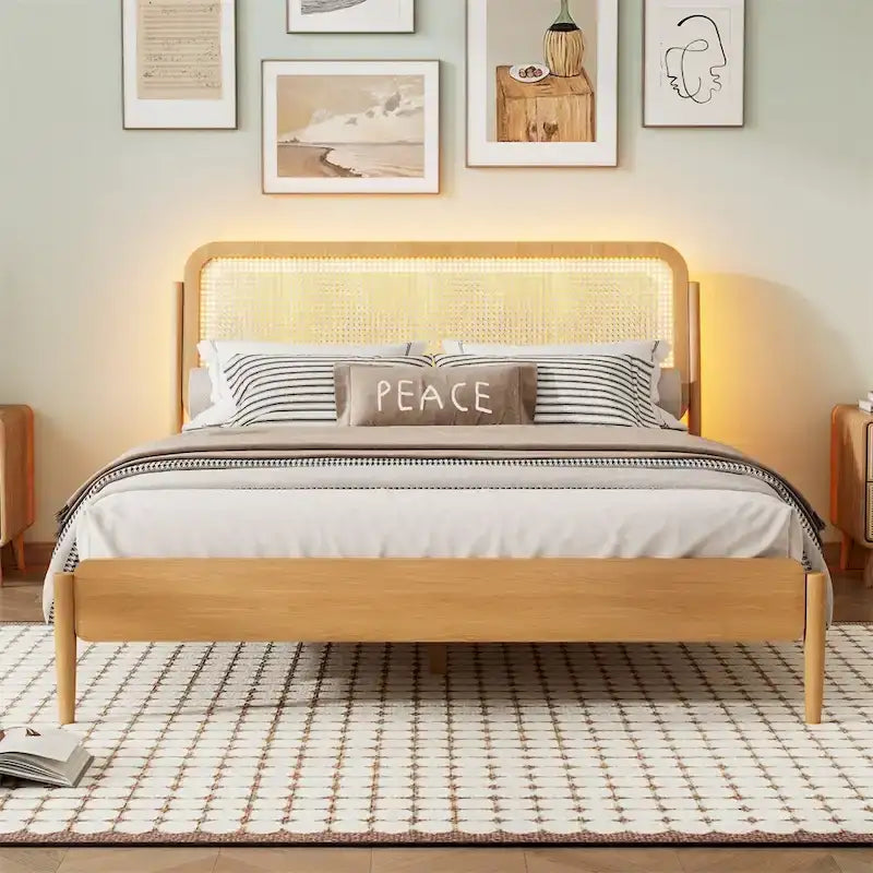 Lit plateforme de rangement en bois Queen size avec lumière LED, tête de lit en rotin