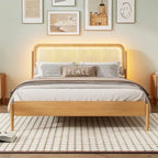 Lit plateforme de rangement en bois Queen size avec lumière LED, tête de lit en rotin