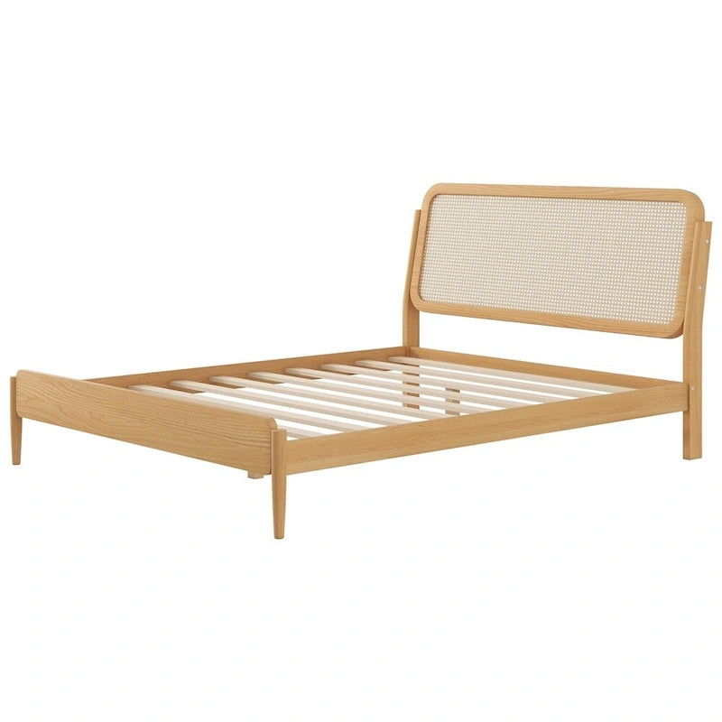 Lit plateforme de rangement en bois Queen size avec lumière LED, tête de lit en rotin