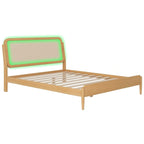 Lit plateforme de rangement en bois Queen size avec lumière LED, tête de lit en rotin