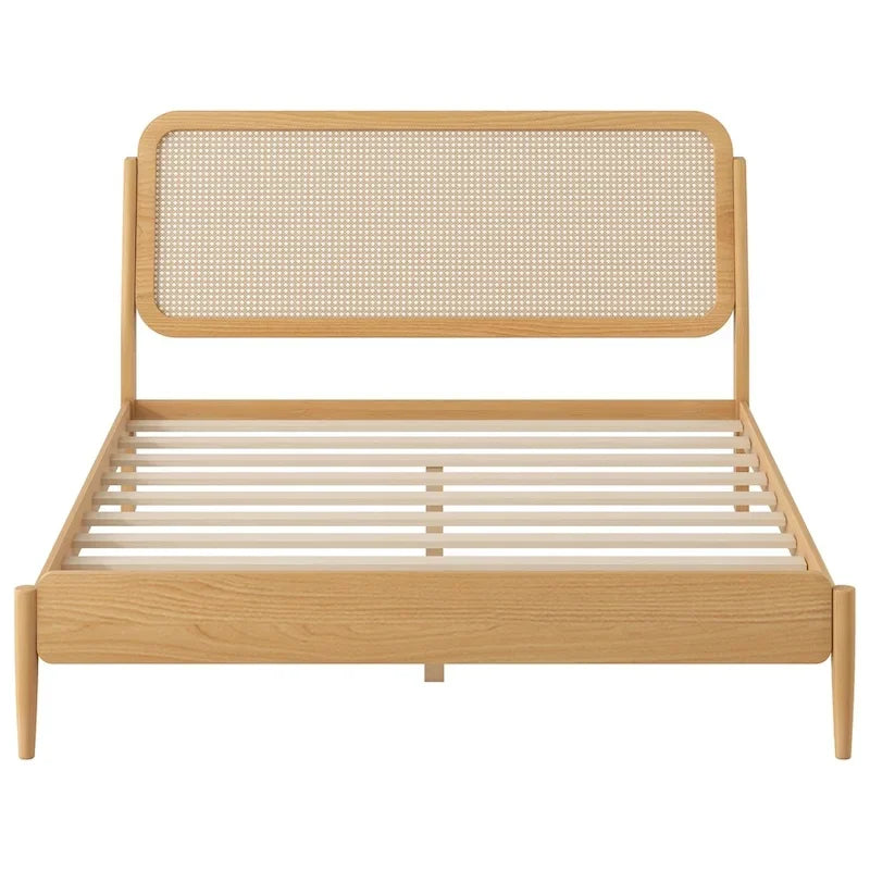 Lit plateforme de rangement en bois Queen size avec lumière LED, tête de lit en rotin