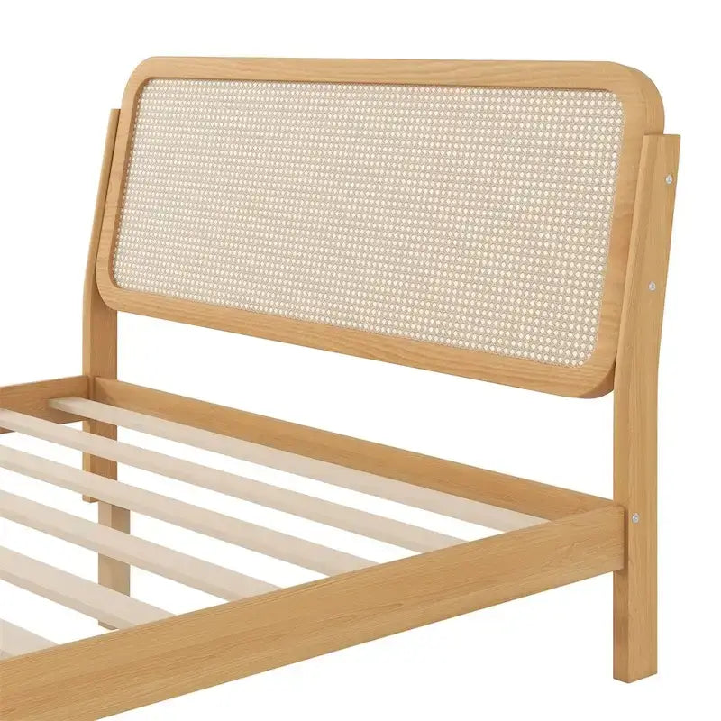 Lit plateforme de rangement en bois Queen size avec lumière LED, tête de lit en rotin