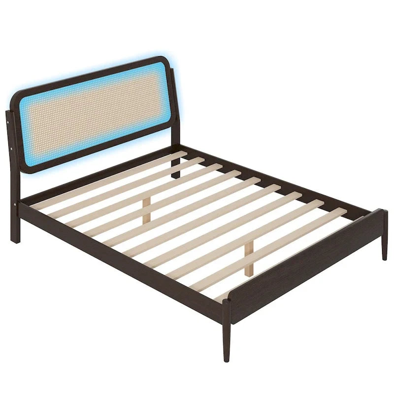 Lit plateforme de rangement en bois Queen size avec lumière LED, tête de lit en rotin