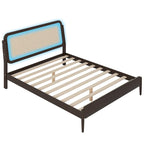 Lit plateforme de rangement en bois Queen size avec lumière LED, tête de lit en rotin