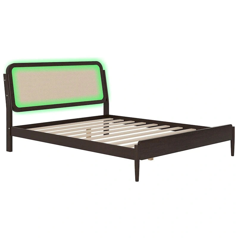Lit plateforme de rangement en bois Queen size avec lumière LED, tête de lit en rotin