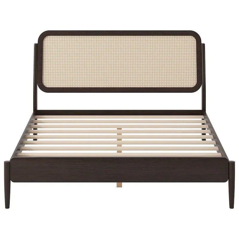 Lit plateforme de rangement en bois Queen size avec lumière LED, tête de lit en rotin