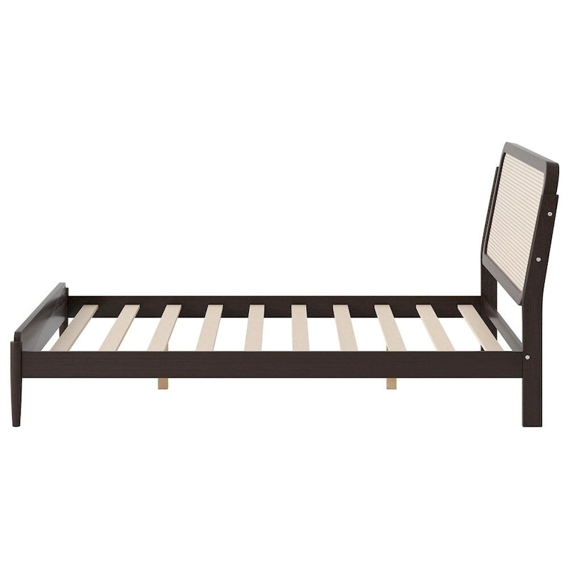 Lit plateforme de rangement en bois Queen size avec lumière LED, tête de lit en rotin