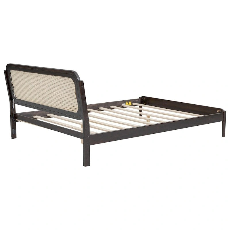 Lit plateforme de rangement en bois Queen size avec lumière LED, tête de lit en rotin