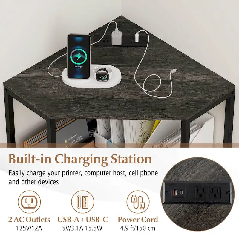 Meuble d'angle pour imprimante avec station de recharge – Noir, 20x20x31 po, Capacité du plateau de 32 kg