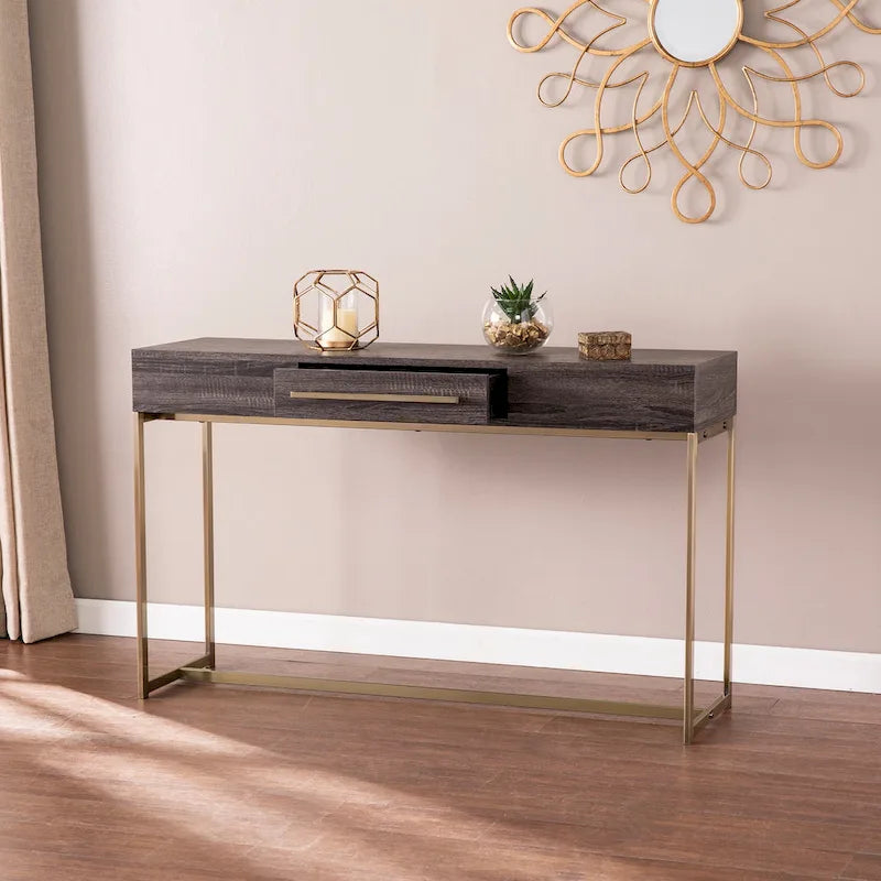 Console de rangement transitoire en bois – Chêne noir/Laiton antique, MDF, 47,75x15x29,5 po
