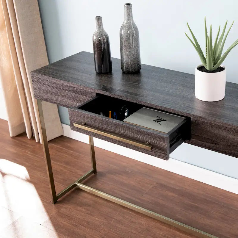 Console de rangement transitoire en bois – Chêne noir/Laiton antique, MDF, 47,75x15x29,5 po