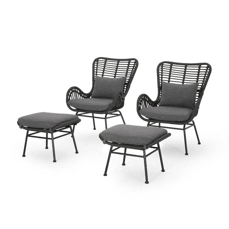 Salon de jardin en osier avec ottomans – Style bohème moderne, gris/brun clair, résistant aux intempéries