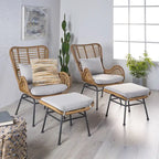 Salon de jardin en osier avec ottomans – Style bohème moderne, gris/brun clair, résistant aux intempéries