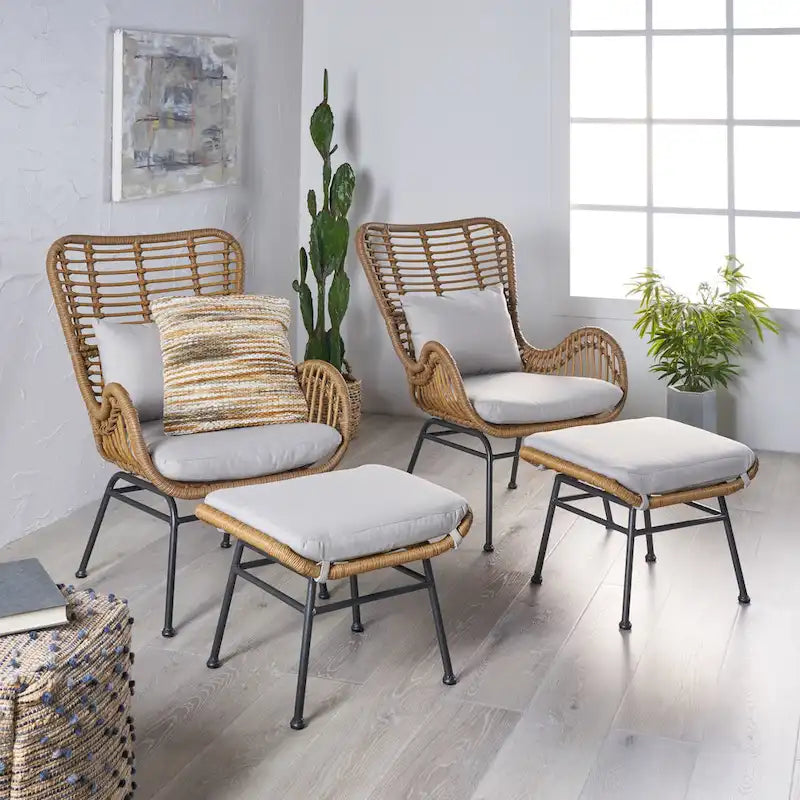 Salon de jardin en osier avec ottomans – Style bohème moderne, gris/brun clair, résistant aux intempéries