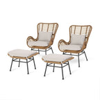 Salon de jardin en osier avec ottomans – Style bohème moderne, gris/brun clair, résistant aux intempéries