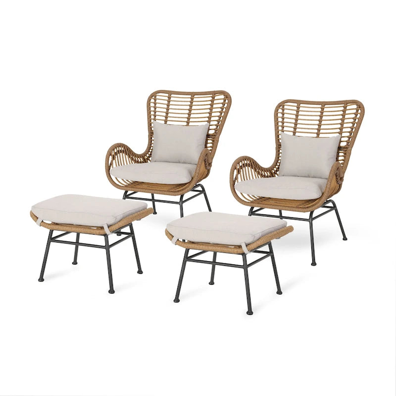 Salon de jardin en osier avec ottomans – Style bohème moderne, gris/brun clair, résistant aux intempéries