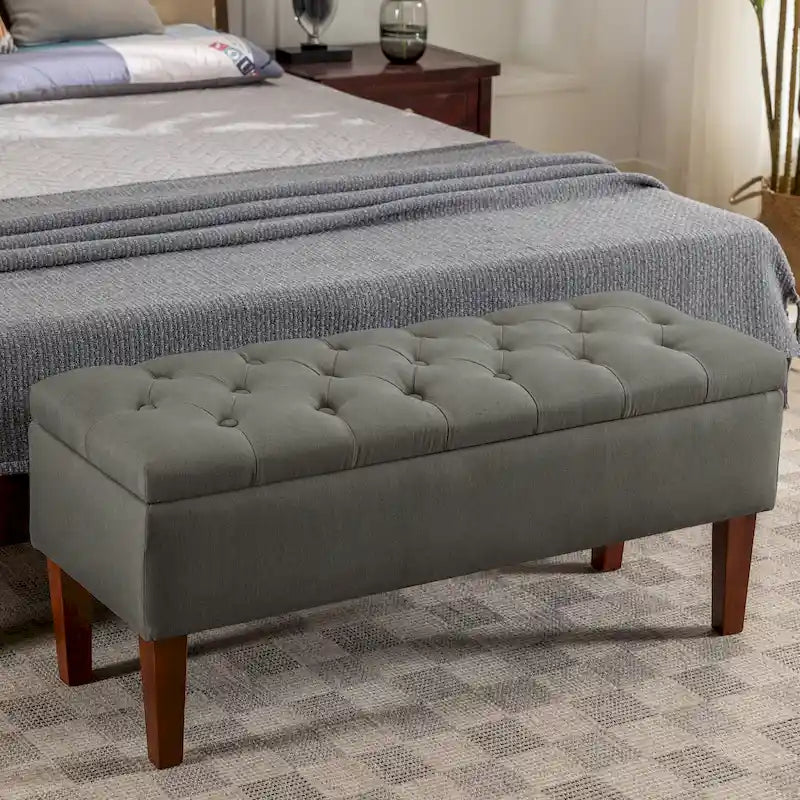 Banc ottoman de rangement en tissu avec pieds en bois d'hévéa – 104 x 49 x 39 cm, capacité de 120 kg