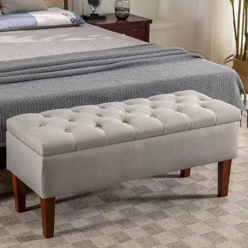 Banc ottoman de rangement en tissu avec pieds en bois d'hévéa – 104 x 49 x 39 cm, capacité de 120 kg