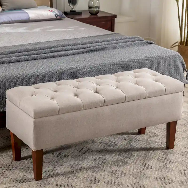 Banc ottoman de rangement en tissu avec pieds en bois d'hévéa – 104 x 49 x 39 cm, capacité de 120 kg
