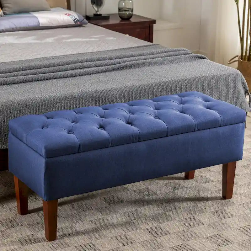 Banc ottoman de rangement en tissu avec pieds en bois d'hévéa – 104 x 49 x 39 cm, capacité de 120 kg