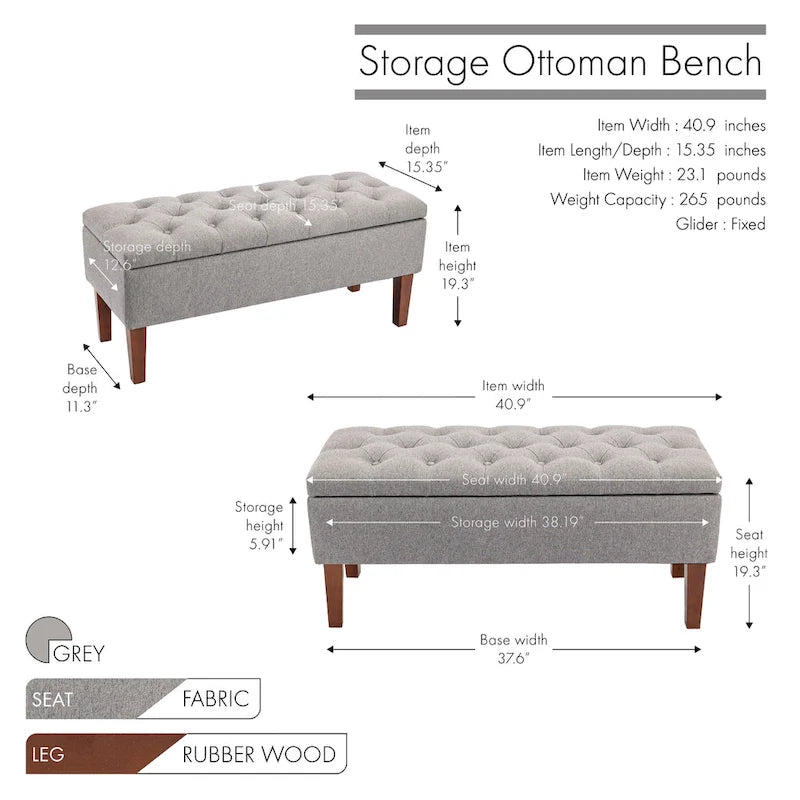 Banc ottoman de rangement en tissu avec pieds en bois d'hévéa – 104 x 49 x 39 cm, capacité de 120 kg