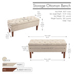 Banc ottoman de rangement en tissu avec pieds en bois d'hévéa – 104 x 49 x 39 cm, capacité de 120 kg