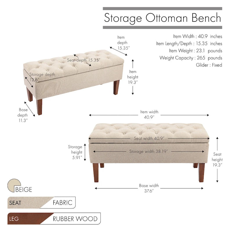 Banc ottoman de rangement en tissu avec pieds en bois d'hévéa – 104 x 49 x 39 cm, capacité de 120 kg