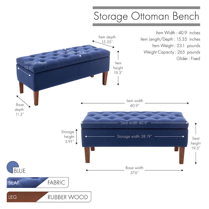 Banc ottoman de rangement en tissu avec pieds en bois d'hévéa – 104 x 49 x 39 cm, capacité de 120 kg