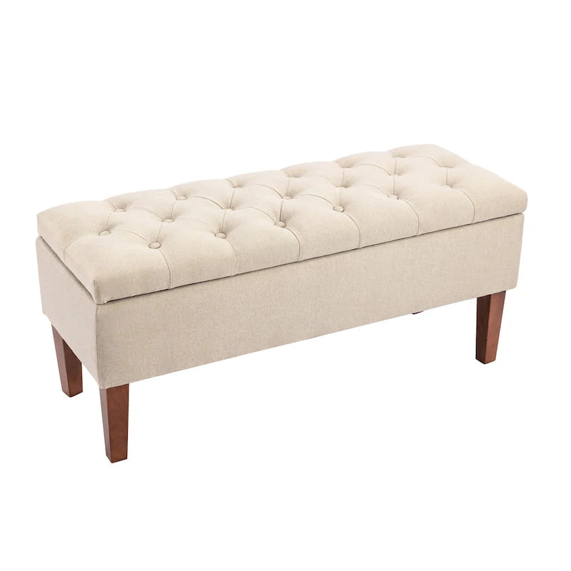 Banc ottoman de rangement en tissu avec pieds en bois d'hévéa – 104 x 49 x 39 cm, capacité de 120 kg