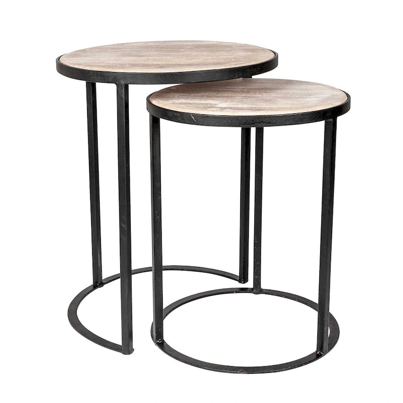 Lot de 2 tables d'appoint gigognes – Dessus en bois de manguier et piètement en fer, noir/doré, 50,8x50,8x63,5 cm