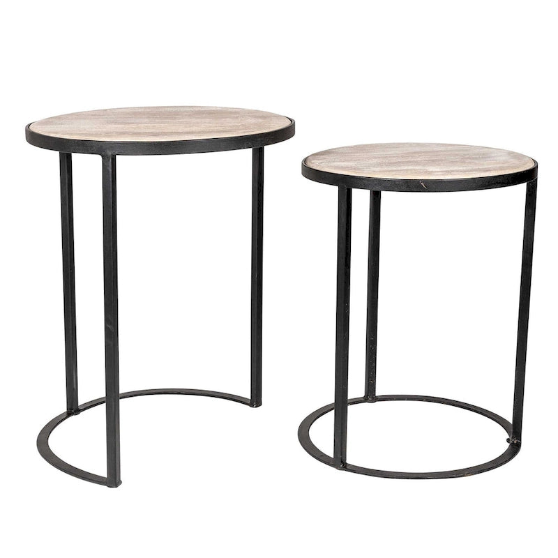 Lot de 2 tables d'appoint gigognes – Dessus en bois de manguier et piètement en fer, noir/doré, 50,8x50,8x63,5 cm