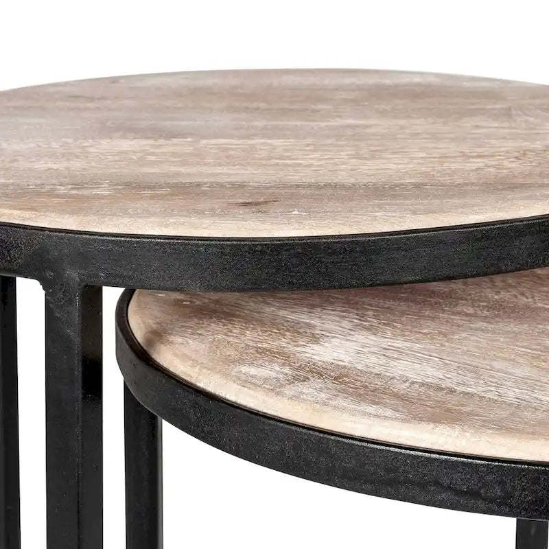 Lot de 2 tables d'appoint gigognes – Dessus en bois de manguier et piètement en fer, noir/doré, 50,8x50,8x63,5 cm