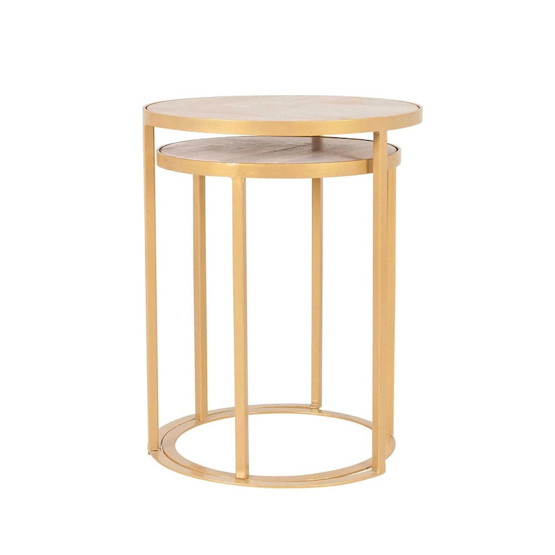 Lot de 2 tables d'appoint gigognes – Dessus en bois de manguier et piètement en fer, noir/doré, 50,8x50,8x63,5 cm