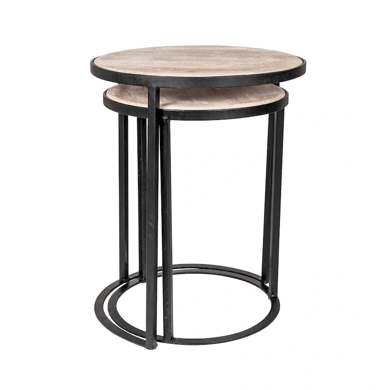 Lot de 2 tables d'appoint gigognes – Dessus en bois de manguier et piètement en fer, noir/doré, 50,8x50,8x63,5 cm