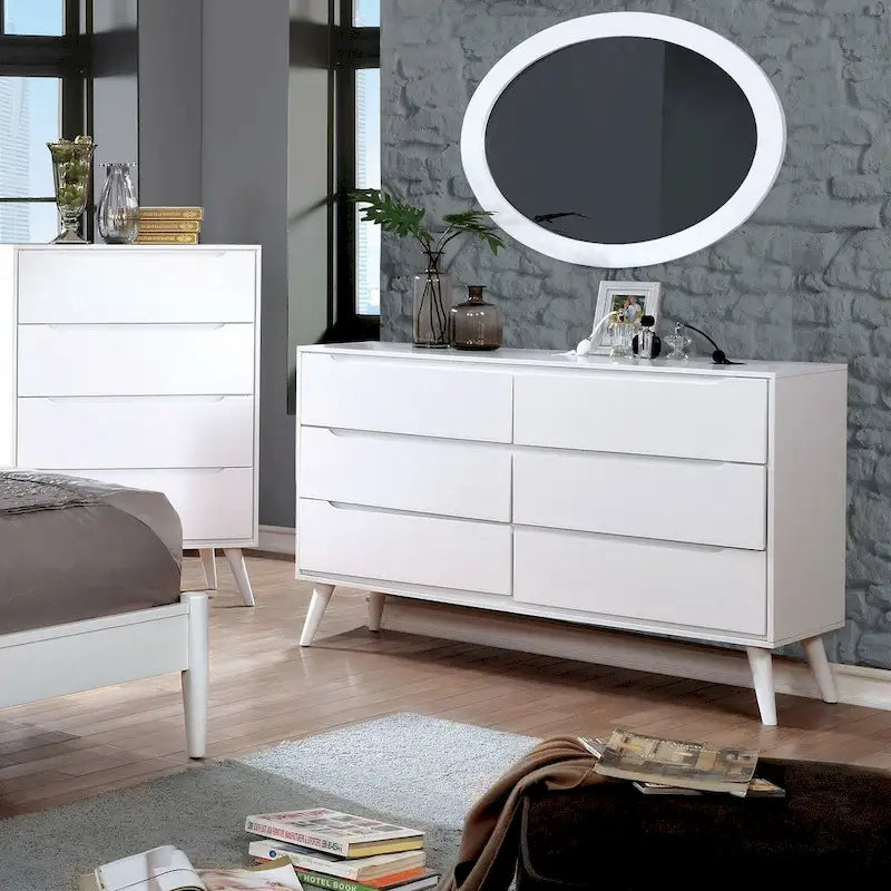 Commode à 6 tiroirs et miroir ovale de style Mid-Century Modern – Bois massif, 58x35.88x17 po