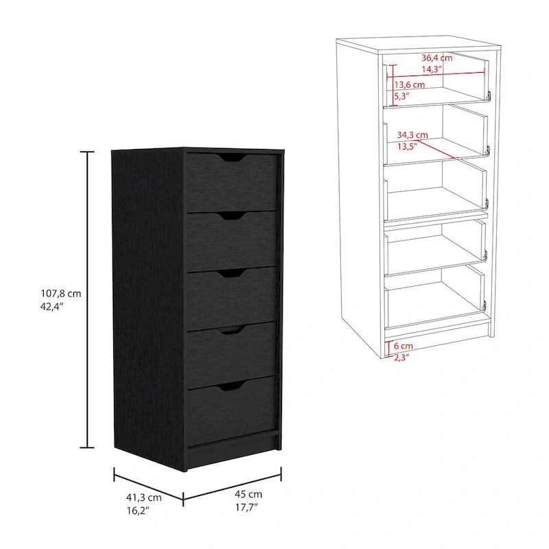 Commode haute à 5 tiroirs avec système coulissant